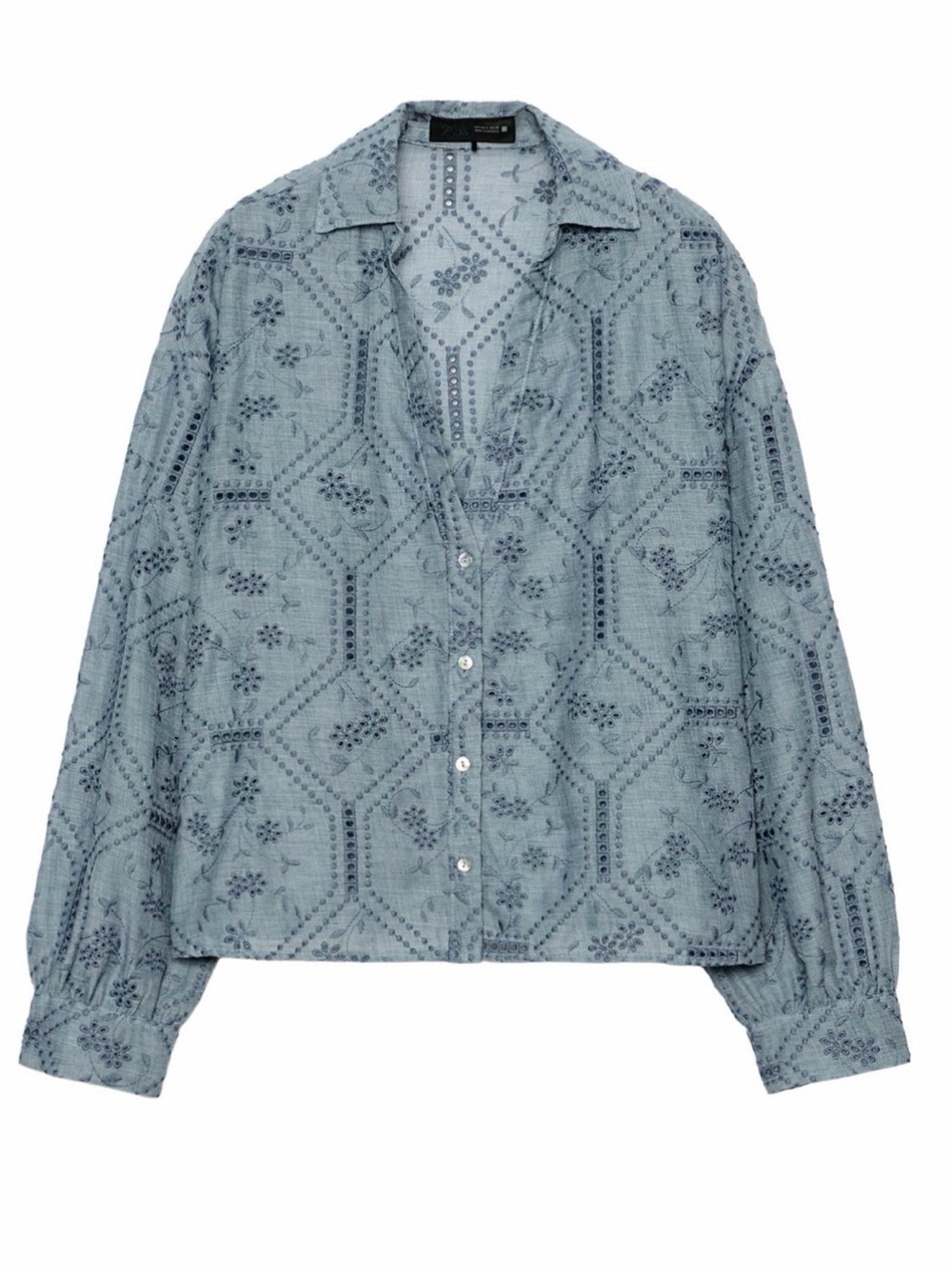 Zara Embroidered Eyelet Shirt Size S in Blue NWT